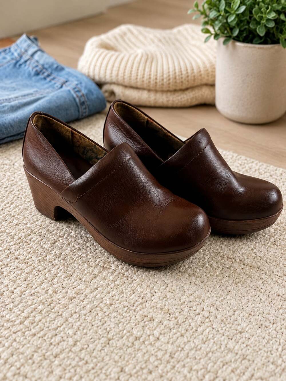 b.o.c Brown Faux Leather Clogs Womens Size 7M Comfort Slip On Mule Shoes